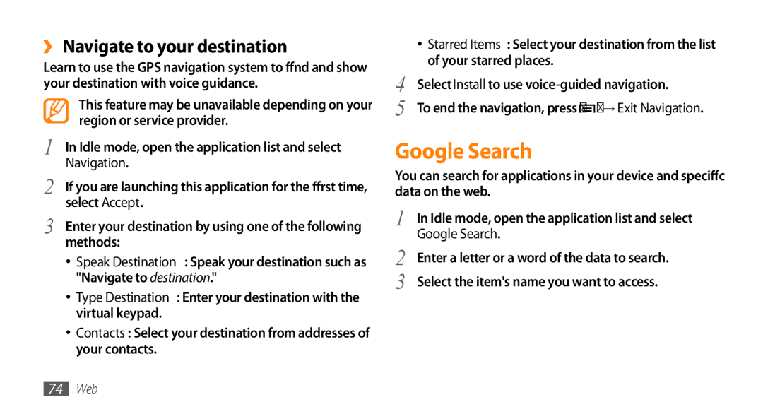 Samsung GT-15510 user manual Google Search, ›› Navigate to your destination, Navigation 