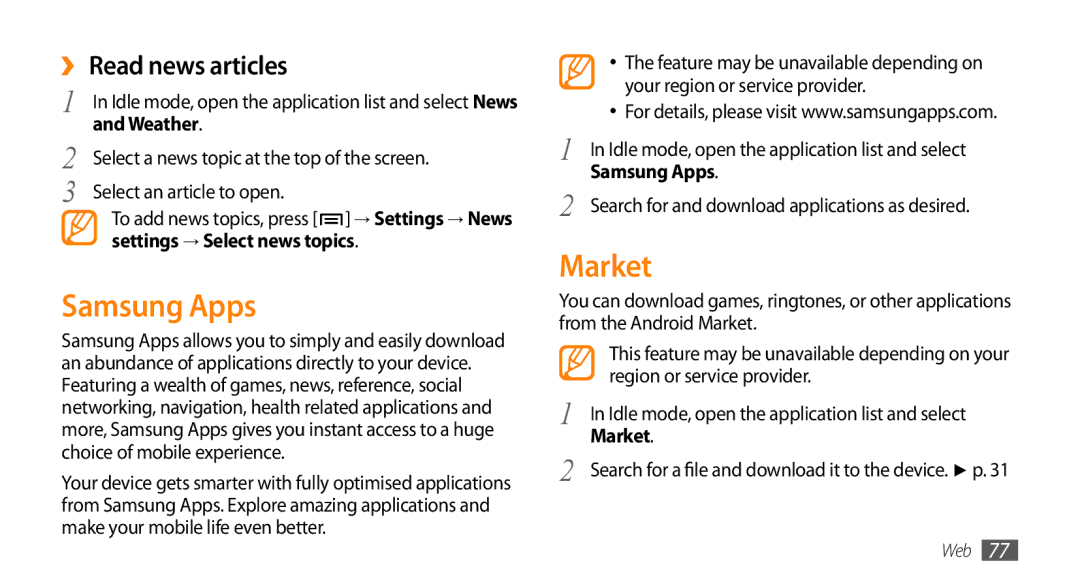 Samsung GT-15510 user manual Samsung Apps, Market, ›› Read news articles, Select a news topic at the top of the screen 