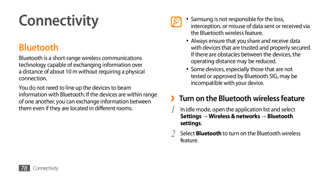 Samsung GT-15510 user manual Connectivity, Bluetooth, Settings, Feature 