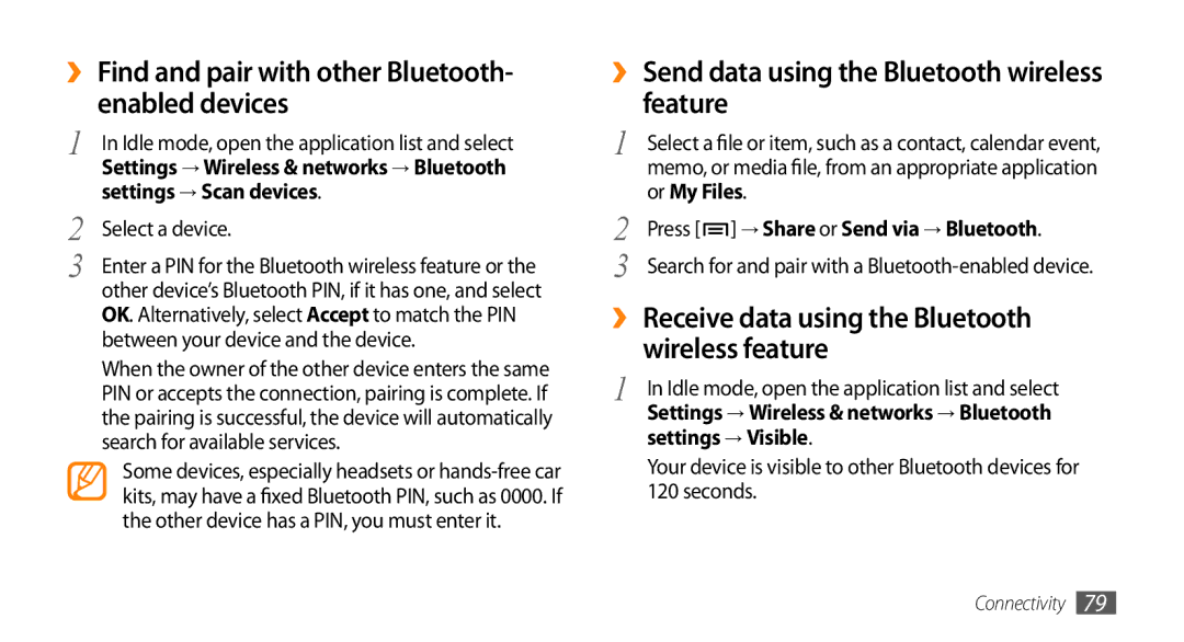 Samsung GT-15510 ›› Find and pair with other Bluetooth- enabled devices, ›› Send data using the Bluetooth wireless feature 