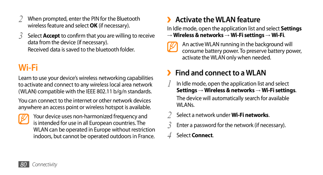 Samsung GT-15510 user manual Wi-Fi, ›› Activate the Wlan feature, ›› Find and connect to a Wlan 