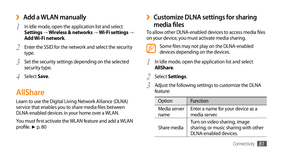 Samsung GT-15510 AllShare, ›› Add a Wlan manually, ›› Customize Dlna settings for sharing Media files, Add Wi-Fi network 