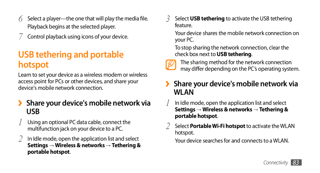 Samsung GT-15510 user manual USB tethering and portable hotspot, Portable hotspot, Hotspot 