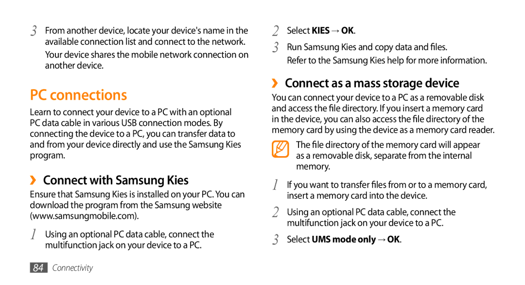 Samsung GT-15510 user manual PC connections, ›› Connect with Samsung Kies, ›› Connect as a mass storage device 