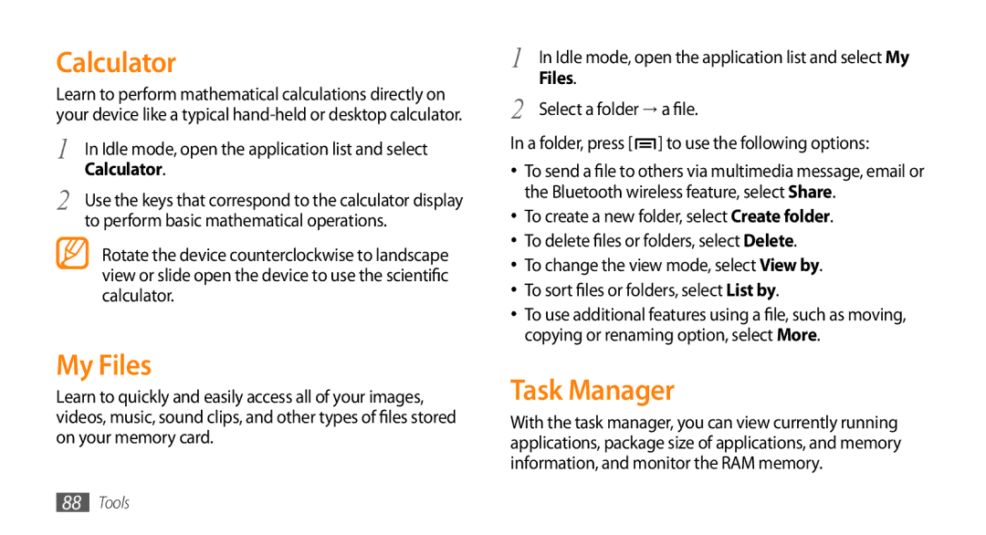 Samsung GT-15510 user manual Calculator, My Files, Task Manager 