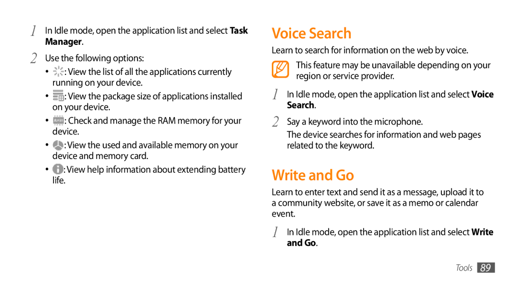 Samsung GT-15510 user manual Voice Search, Write and Go, Manager 