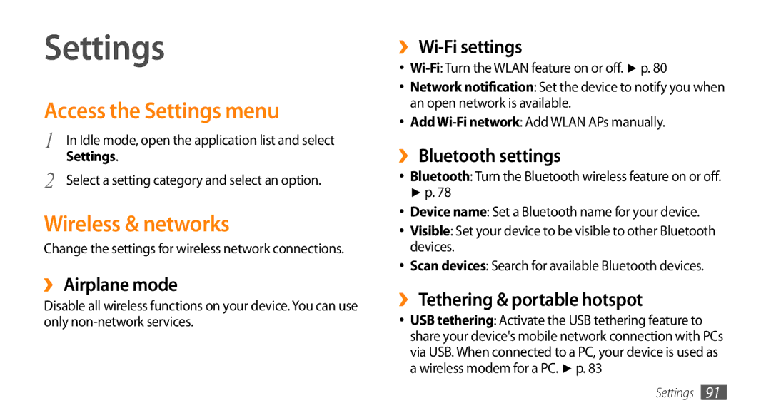 Samsung GT-15510 user manual Access the Settings menu, Wireless & networks 