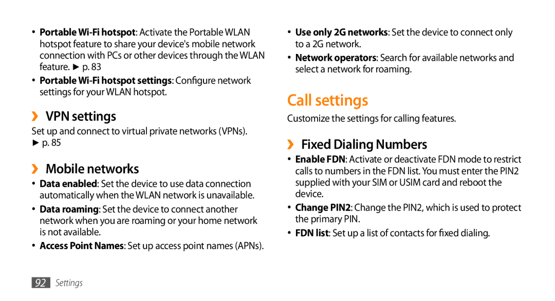 Samsung GT-15510 user manual Call settings, ›› VPN settings, ›› Mobile networks, ›› Fixed Dialing Numbers 