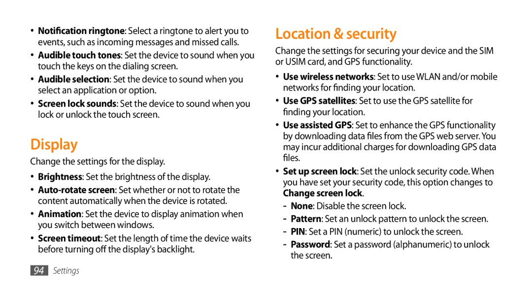 Samsung GT-15510 user manual Display, Location & security 