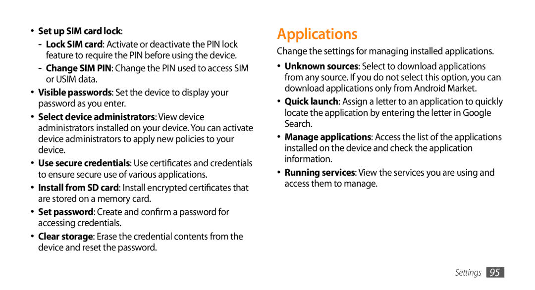 Samsung GT-15510 user manual Applications, Set up SIM card lock 