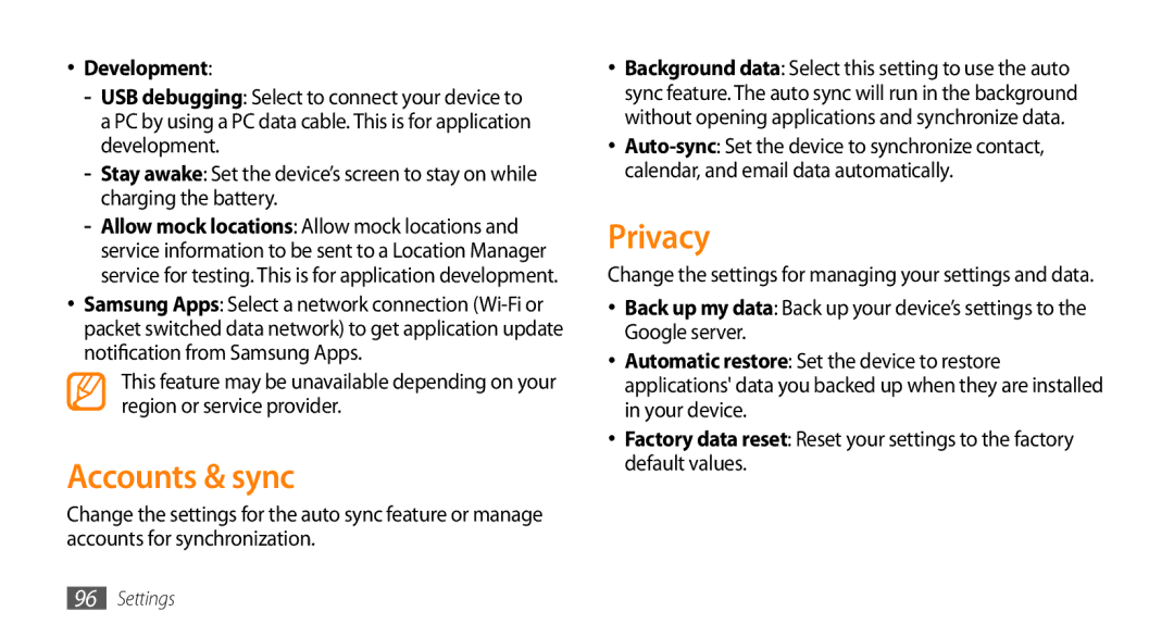 Samsung GT-15510 user manual Accounts & sync, Privacy, Development 