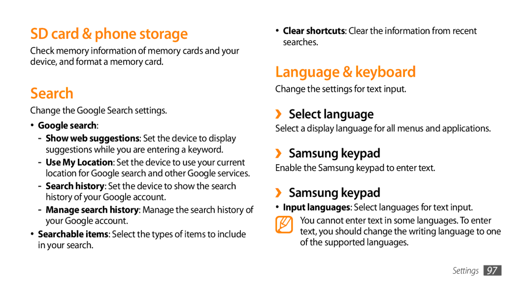 Samsung GT-15510 user manual SD card & phone storage, Search, Language & keyboard, ›› Select language, ›› Samsung keypad 