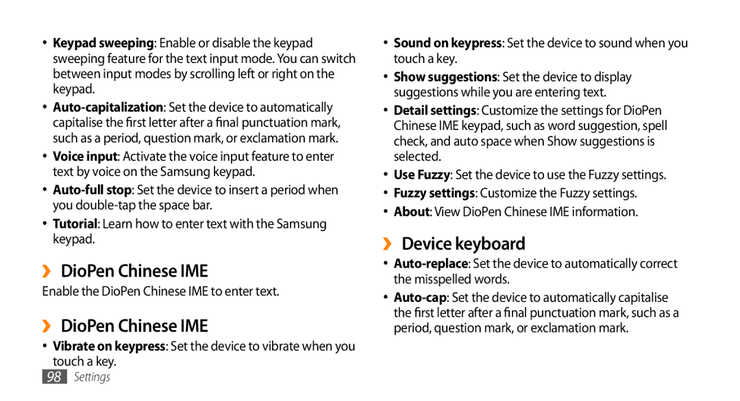 Samsung GT-15510 user manual ›› DioPen Chinese IME, ›› Device keyboard, Enable the DioPen Chinese IME to enter text 