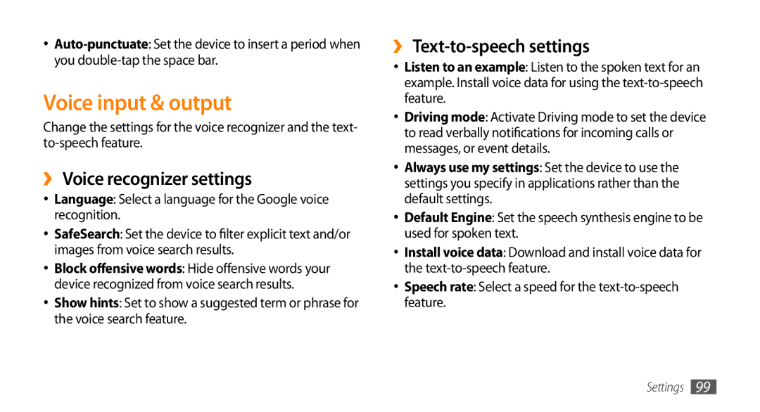 Samsung GT-15510 user manual Voice input & output, ›› Voice recognizer settings, ›› Text-to-speech settings 