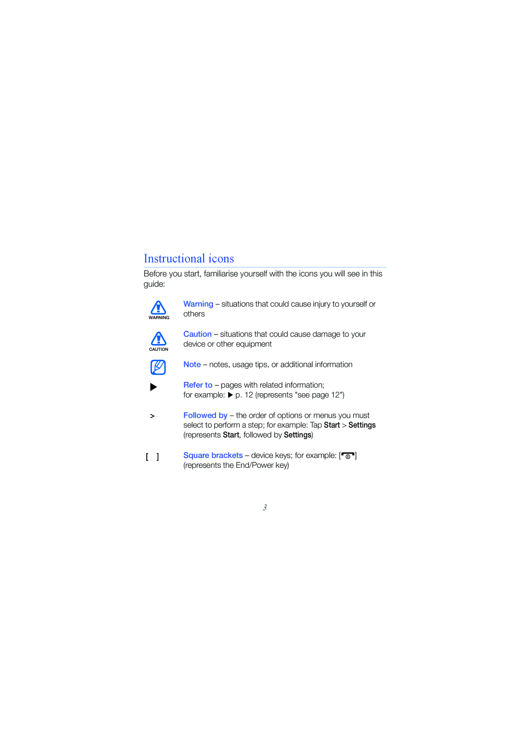 Samsung GT-18000 manual Instructional icons 