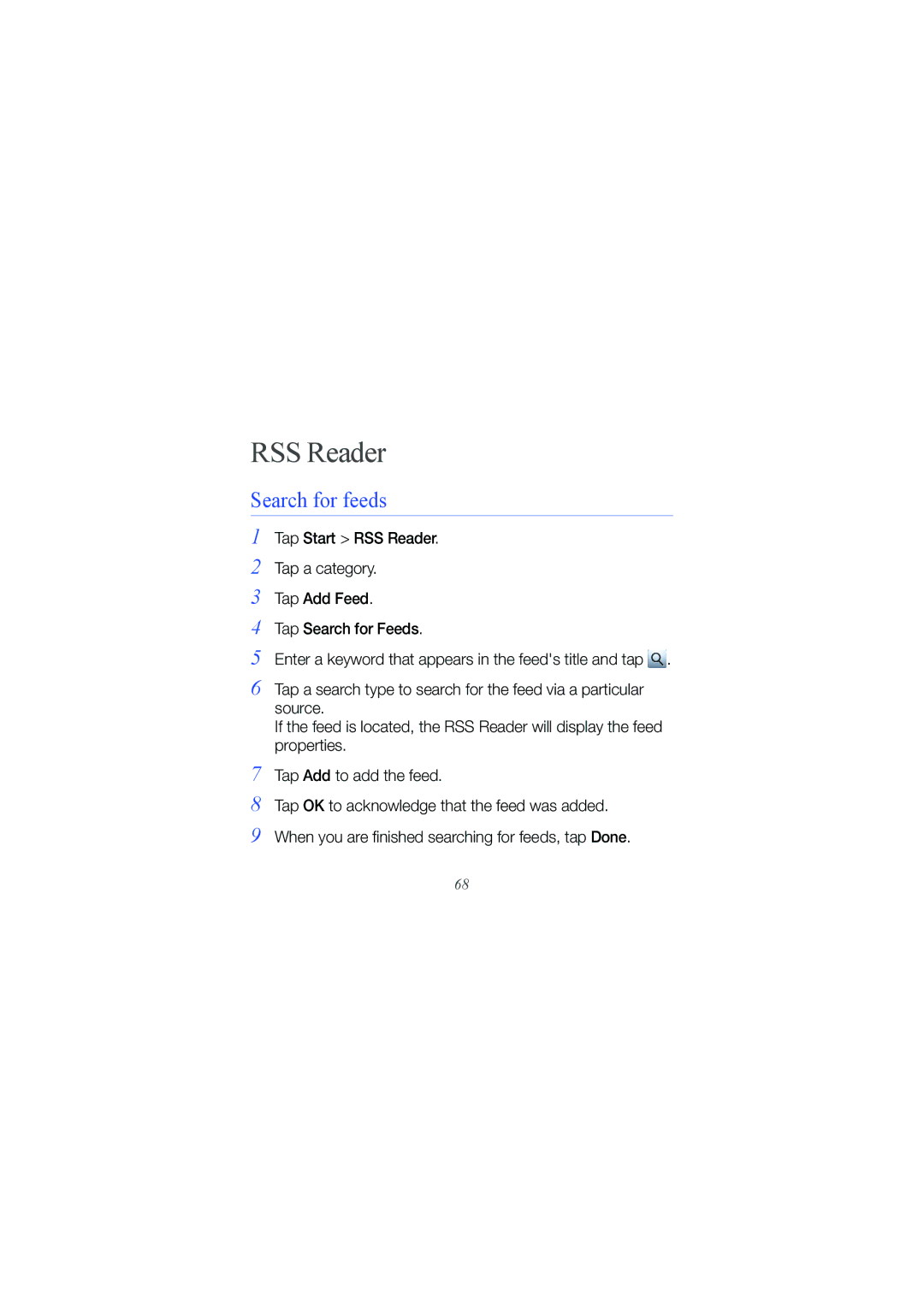 Samsung GT-18000 manual RSS Reader, Search for feeds 