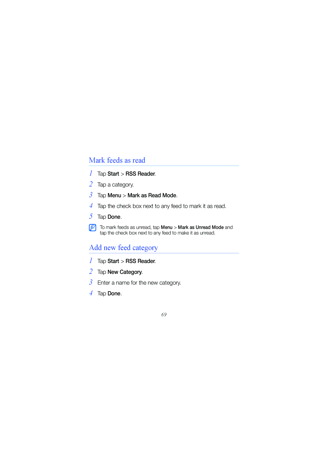 Samsung GT-18000 manual Mark feeds as read, Add new feed category 