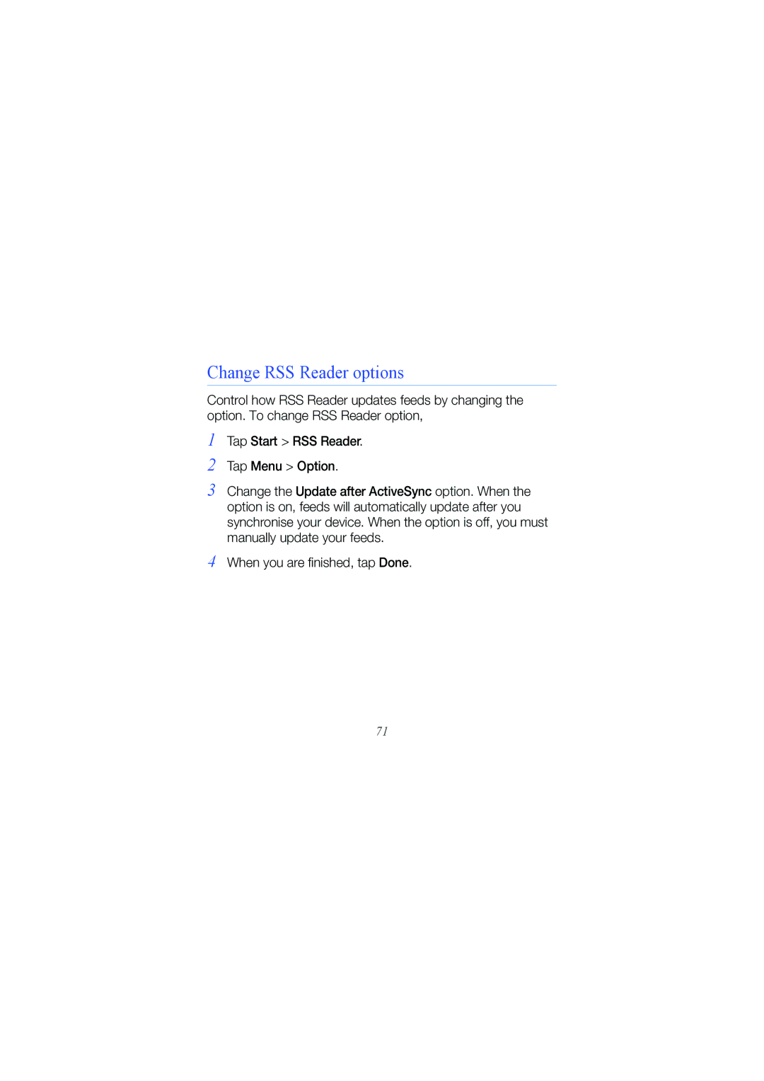 Samsung GT-18000 manual Change RSS Reader options 