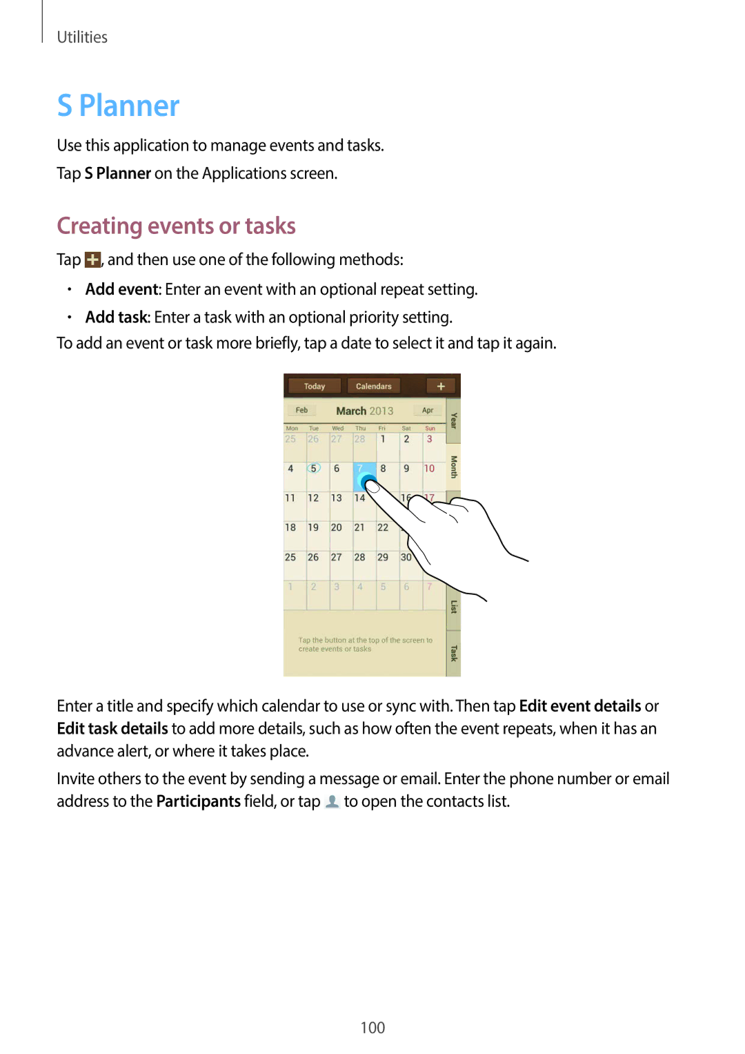 Samsung GT-19505 user manual Planner, Creating events or tasks 