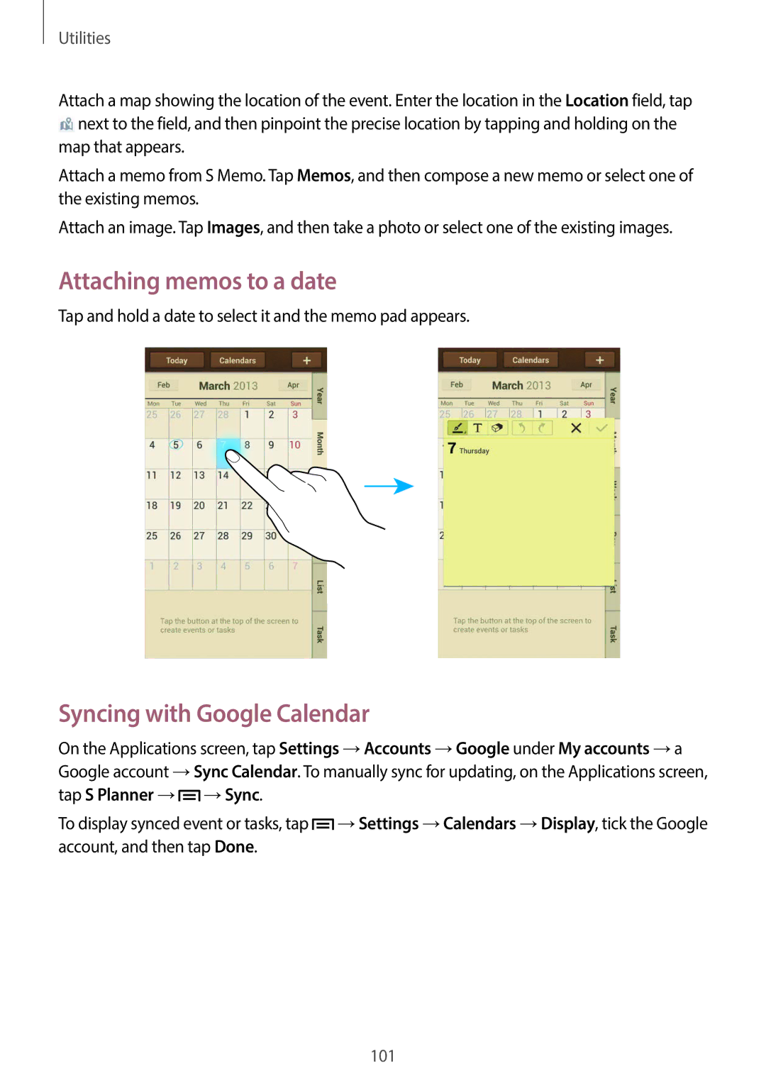 Samsung GT-19505 user manual Attaching memos to a date, Syncing with Google Calendar 