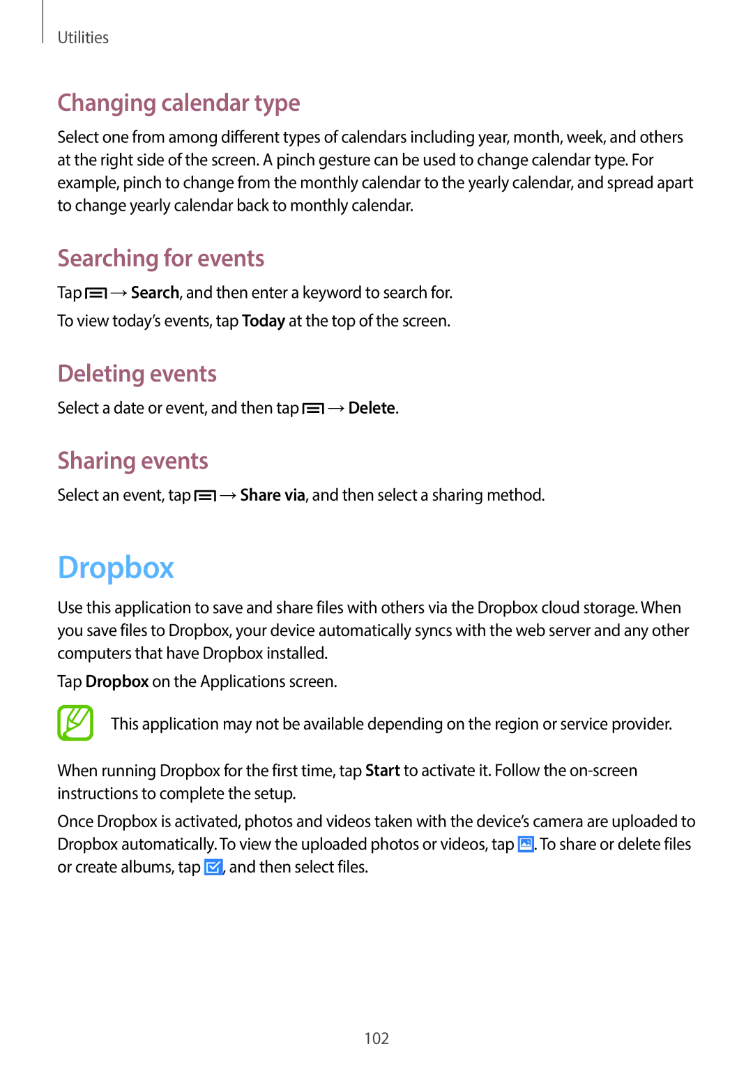 Samsung GT-19505 user manual Dropbox, Changing calendar type, Searching for events, Deleting events, Sharing events 