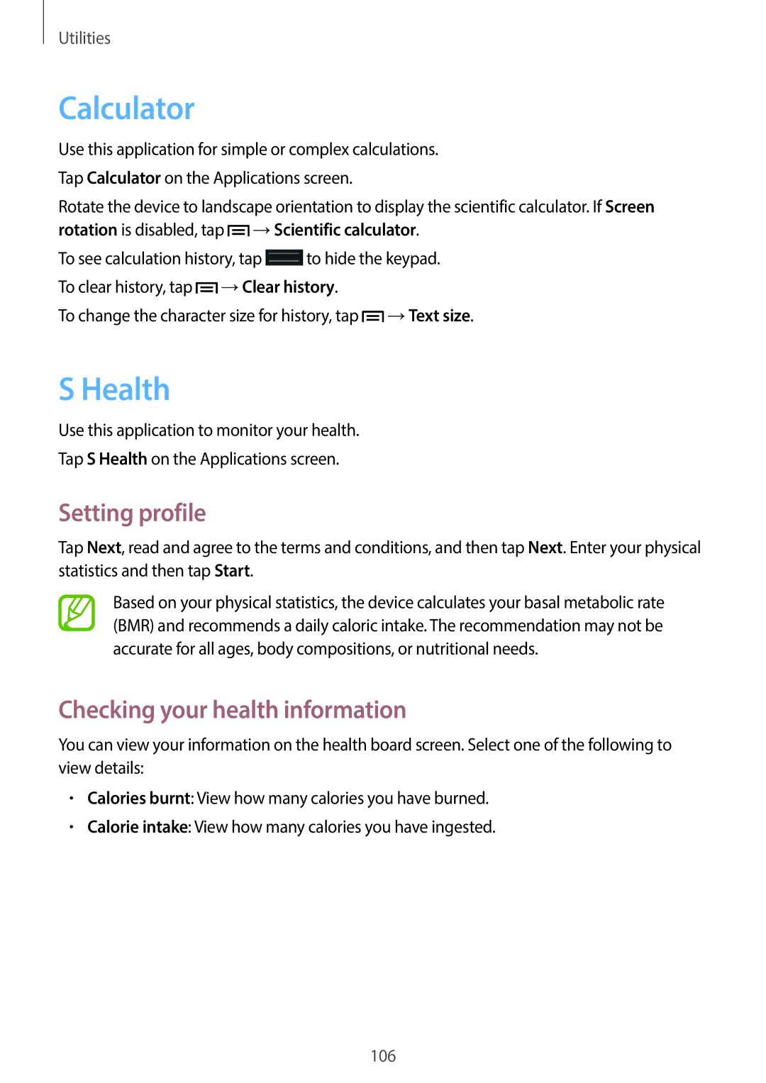 Samsung GT-19505 user manual Calculator, Health, Setting profile, Checking your health information 