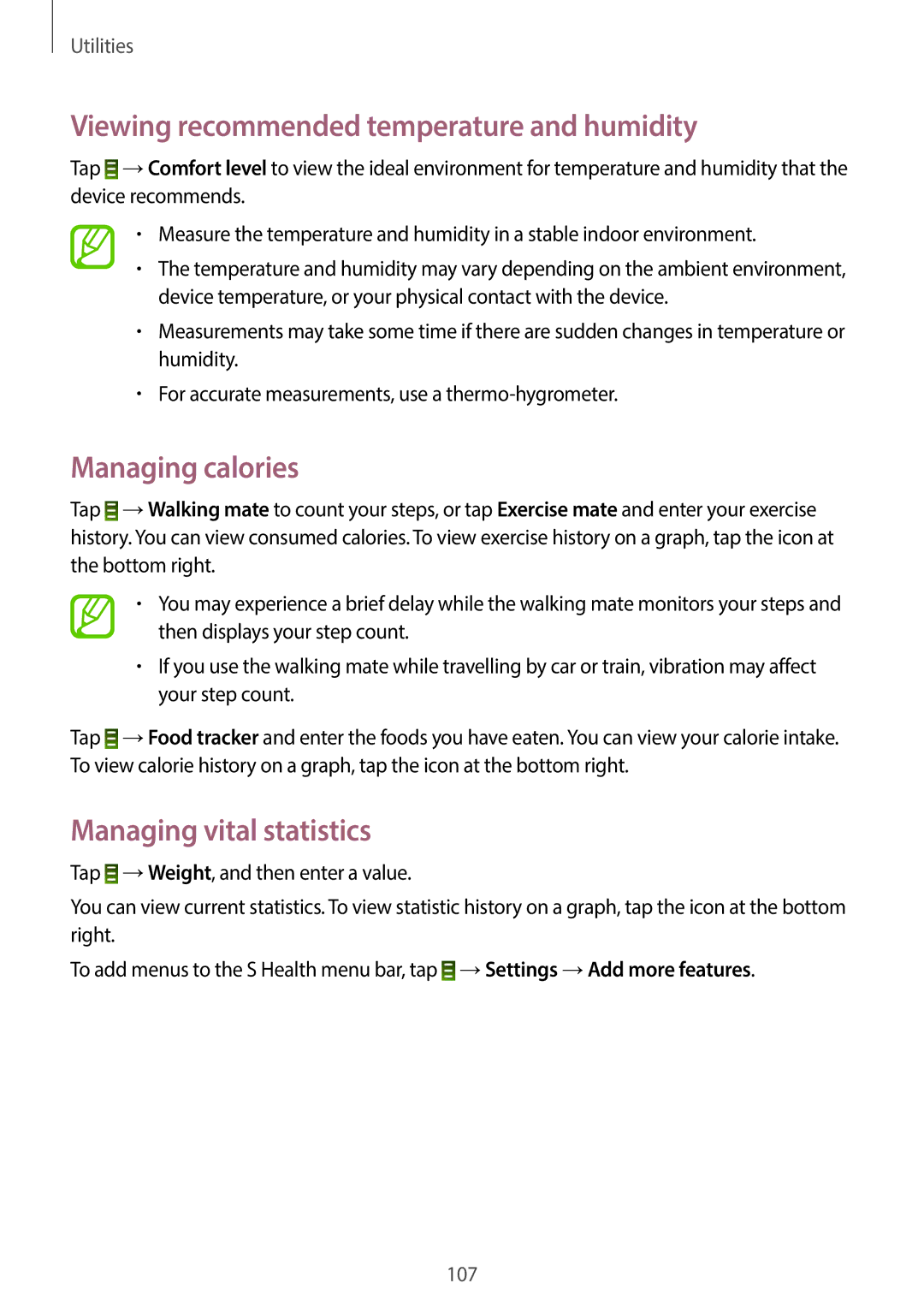 Samsung GT-19505 user manual Viewing recommended temperature and humidity, Managing calories, Managing vital statistics 