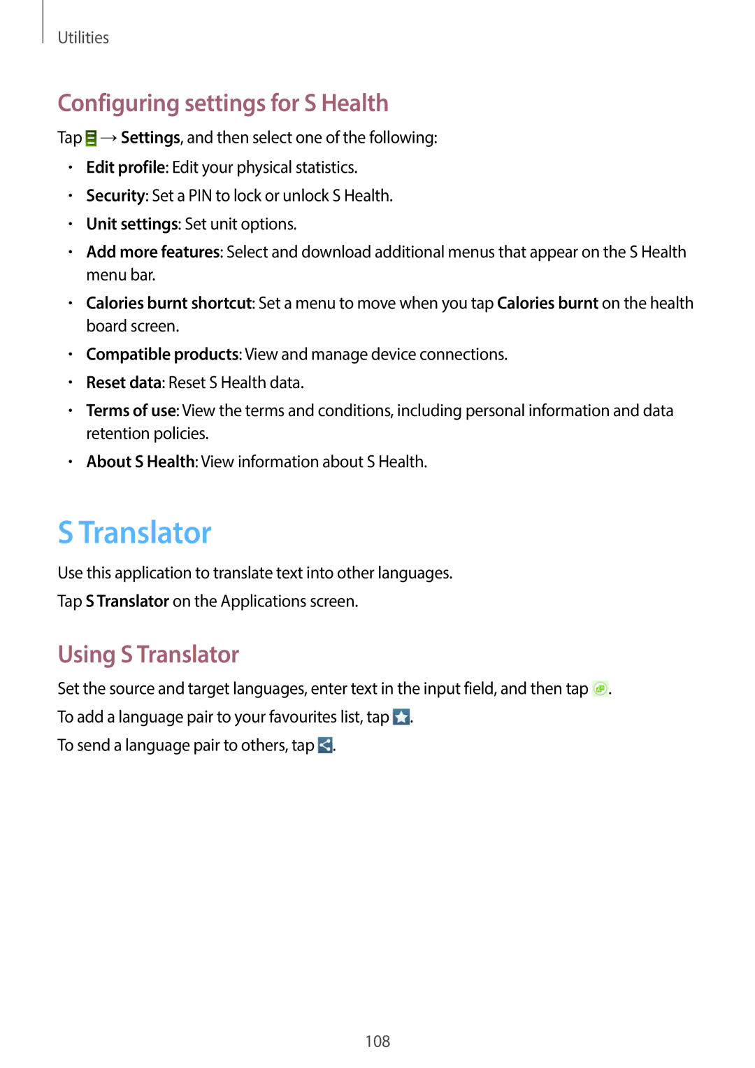 Samsung GT-19505 user manual Configuring settings for S Health, Using S Translator 