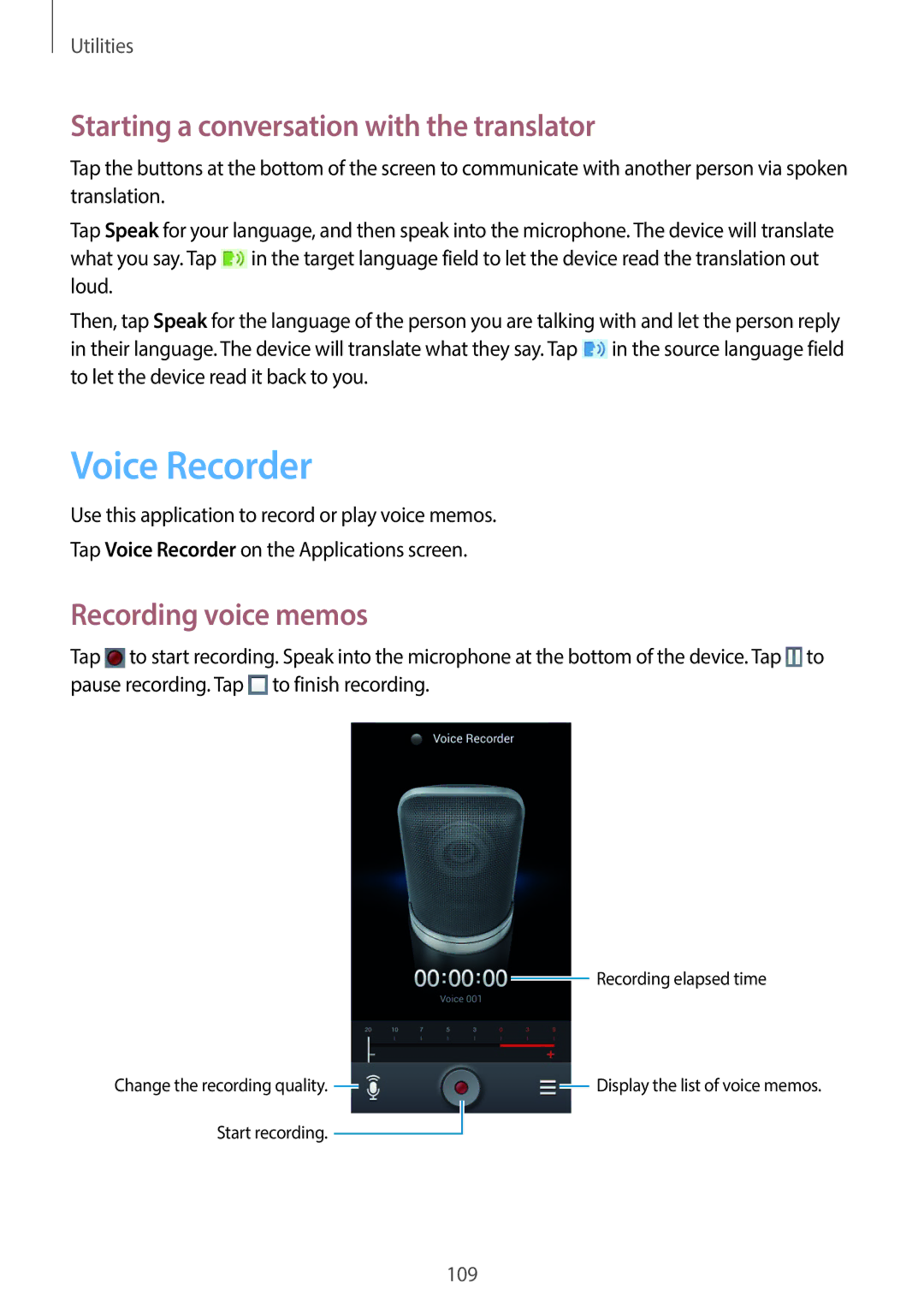 Samsung GT-19505 user manual Voice Recorder, Starting a conversation with the translator, Recording voice memos 