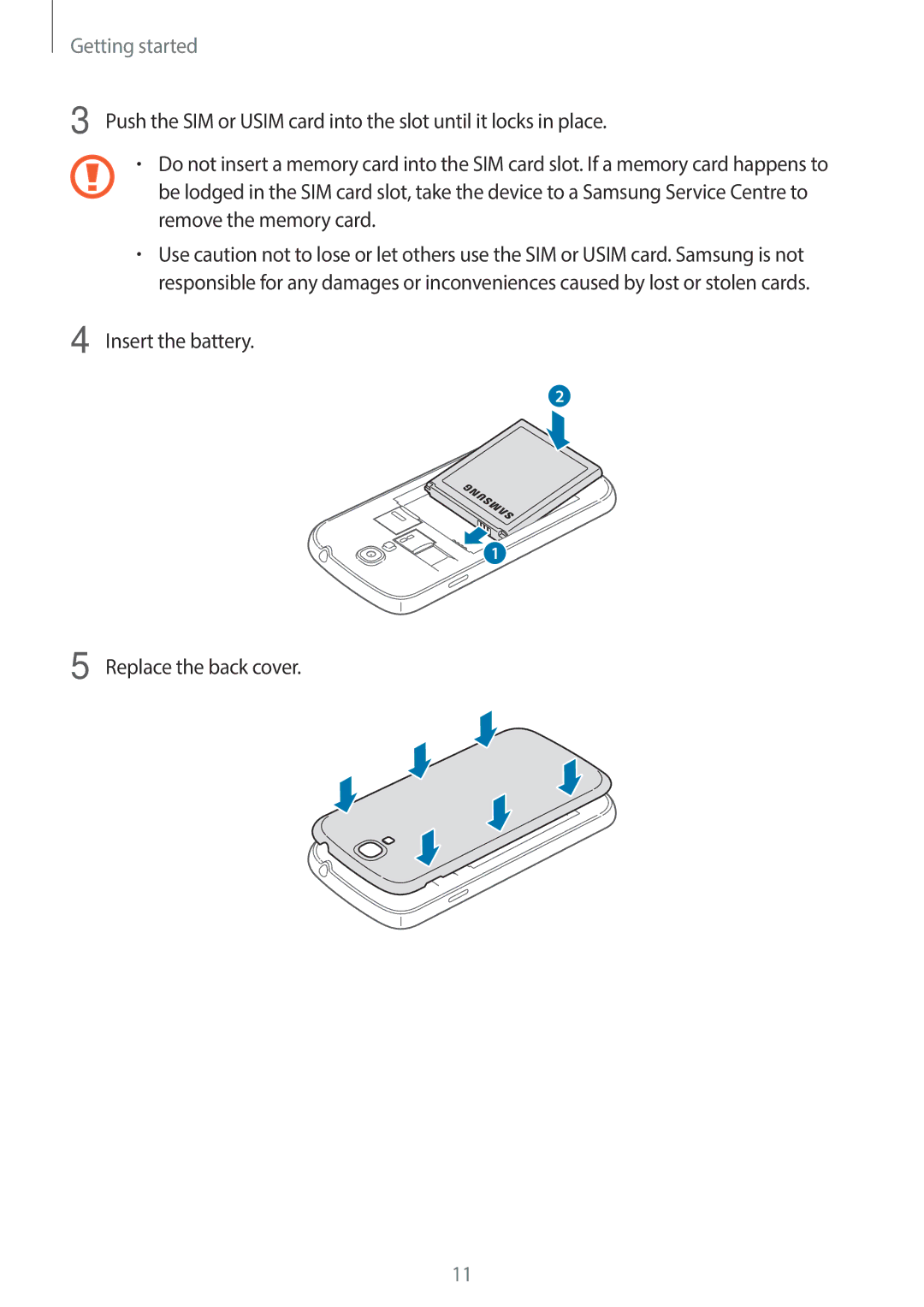 Samsung GT-19505 user manual Insert the battery Replace the back cover 