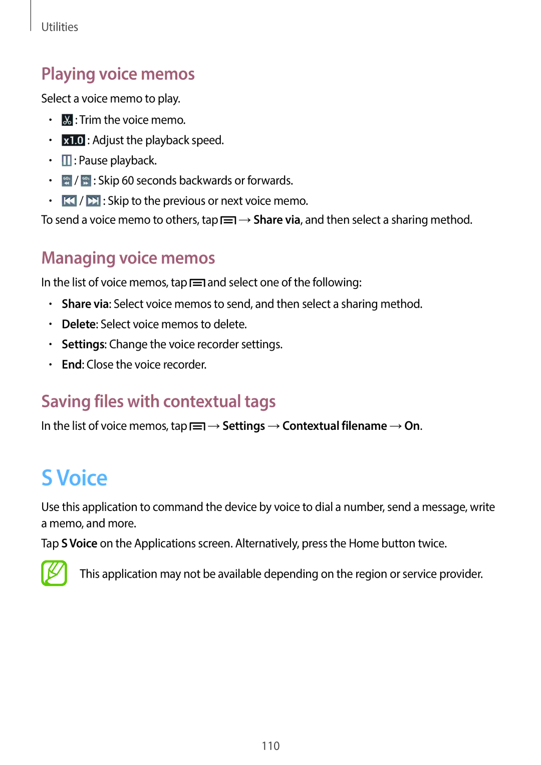 Samsung GT-19505 user manual Voice, Playing voice memos, Managing voice memos, Saving files with contextual tags 