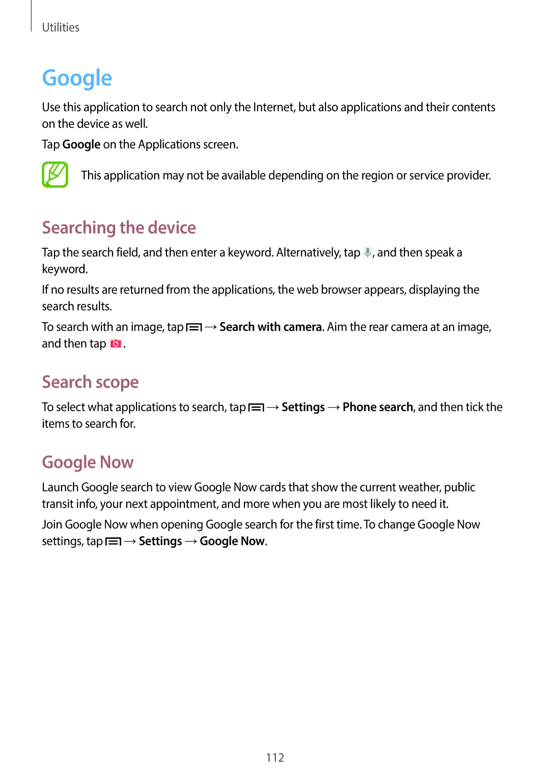 Samsung GT-19505 user manual Searching the device, Search scope, Google Now 