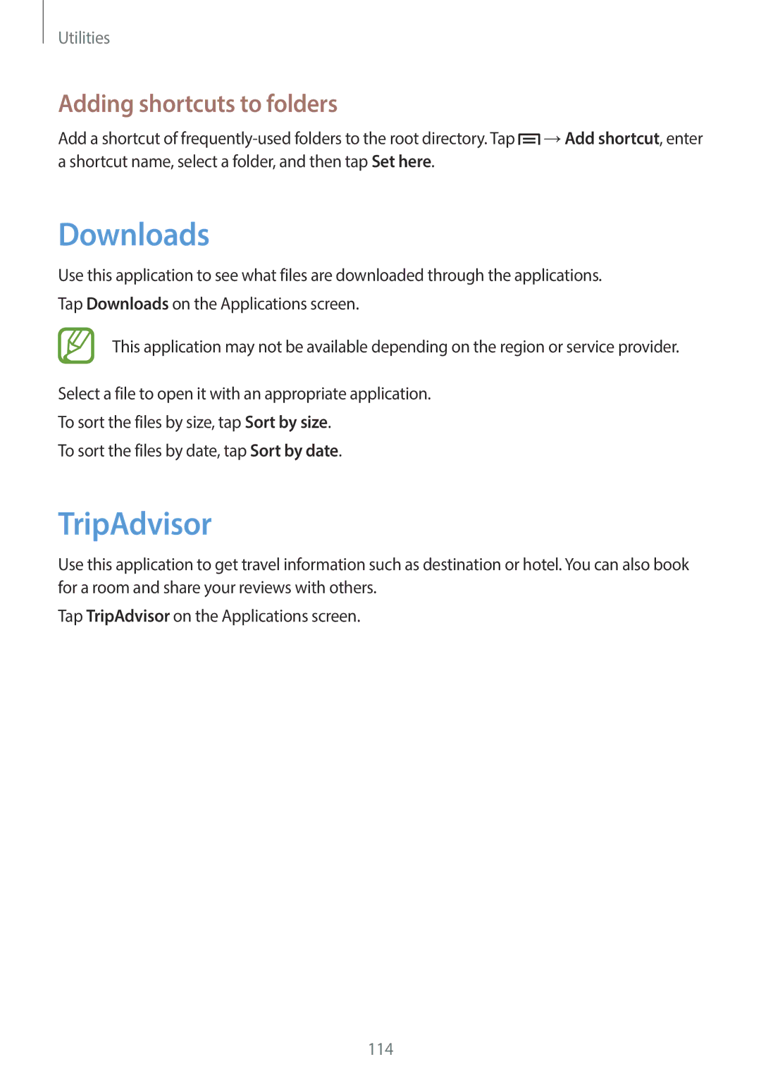 Samsung GT-19505 user manual Downloads, TripAdvisor, Adding shortcuts to folders 