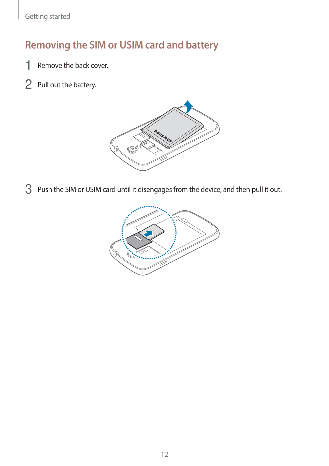 Samsung GT-19505 user manual Removing the SIM or Usim card and battery 