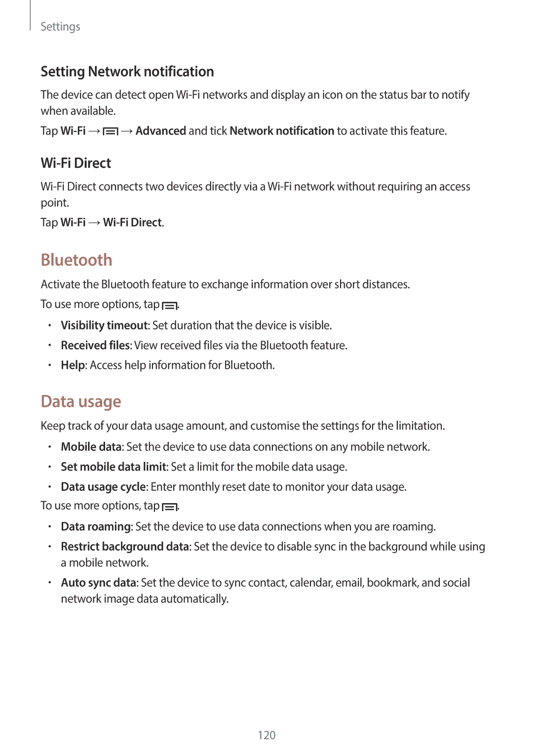 Samsung GT-19505 user manual Bluetooth, Data usage, Setting Network notification, Tap Wi-Fi →Wi-Fi Direct 