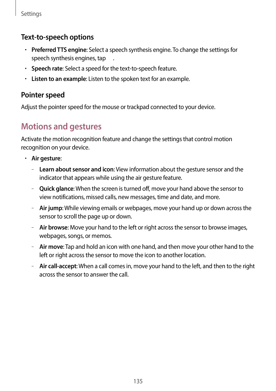 Samsung GT-19505 user manual Motions and gestures, Text-to-speech options, Pointer speed, Air gesture 