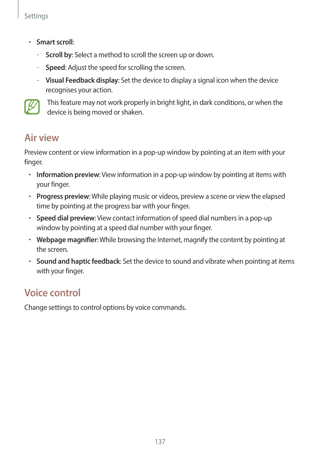 Samsung GT-19505 user manual Air view, Voice control, Smart scroll 