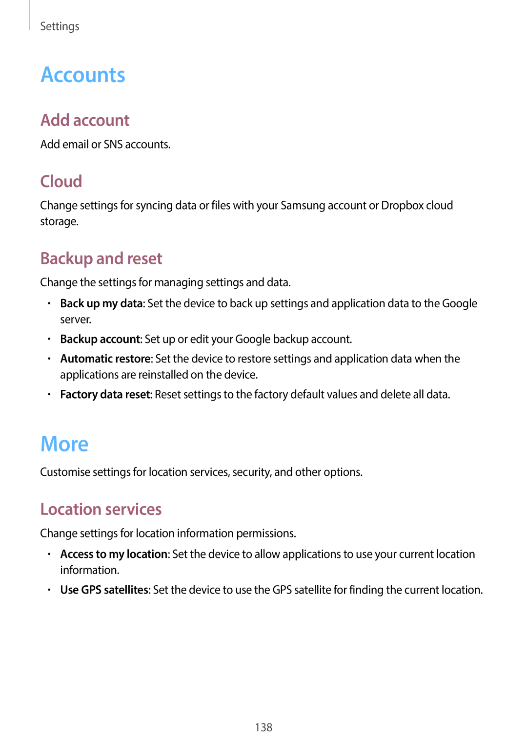 Samsung GT-19505 user manual Accounts, More 