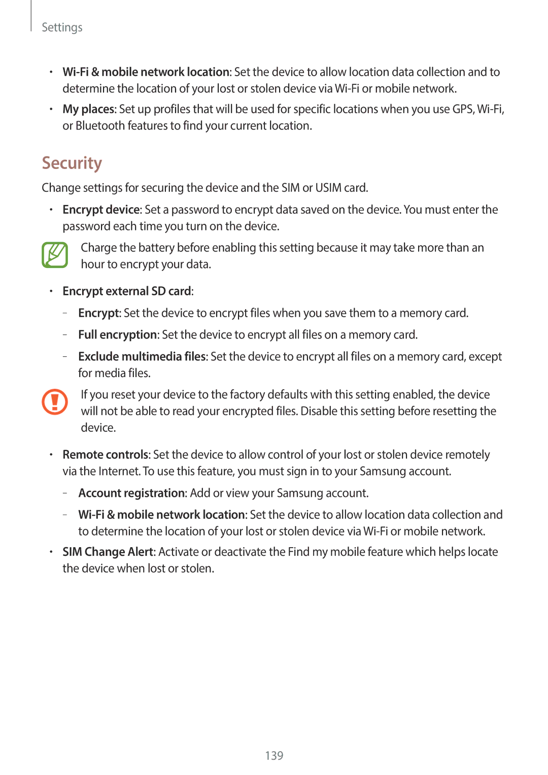 Samsung GT-19505 user manual Security, Encrypt external SD card 