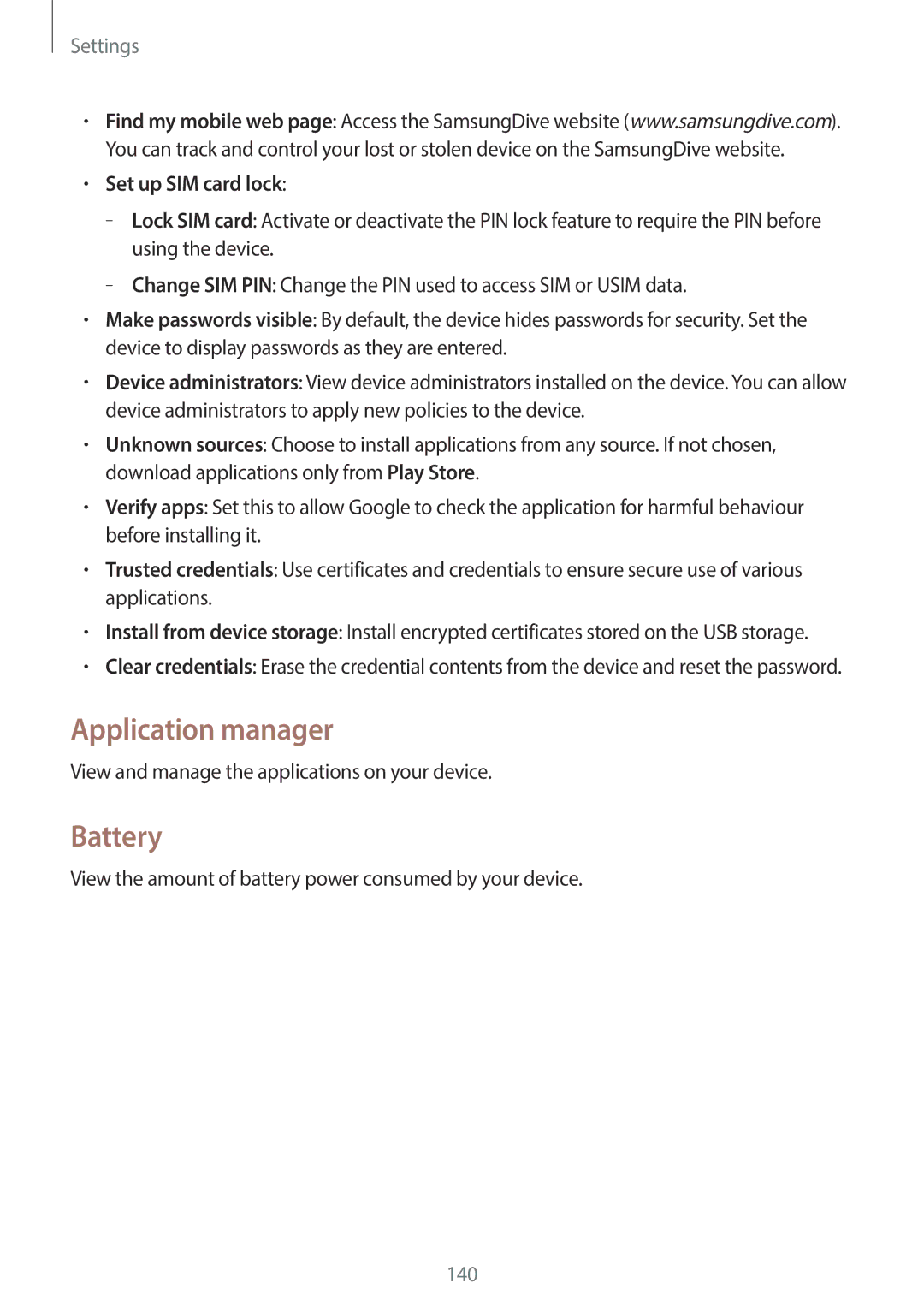 Samsung GT-19505 user manual Application manager, Battery, Set up SIM card lock 