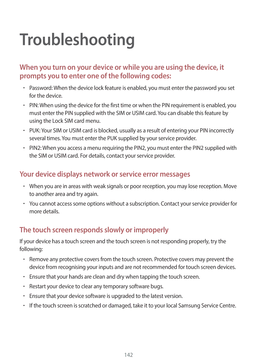 Samsung GT-19505 user manual Troubleshooting, Your device displays network or service error messages 