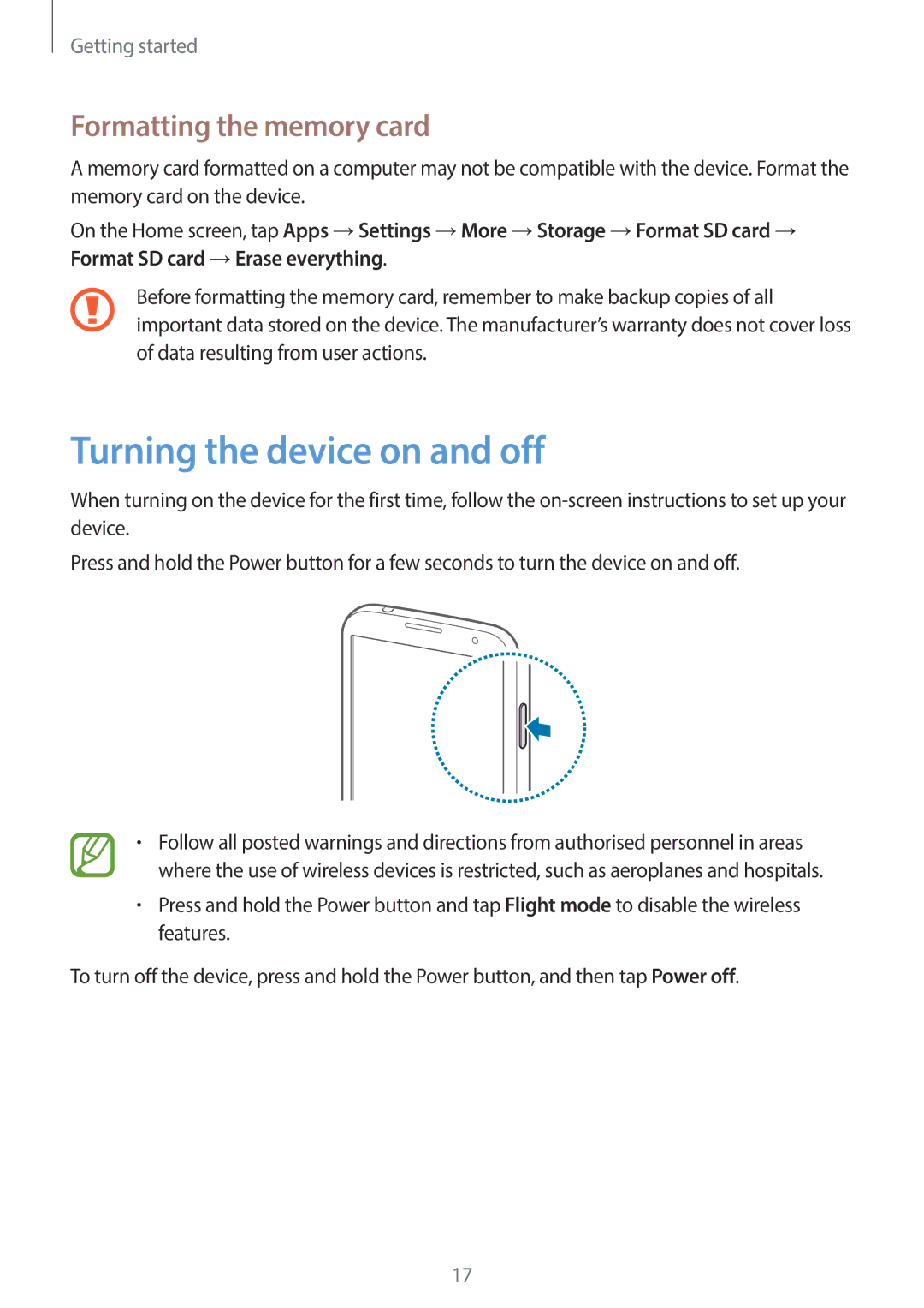 Samsung GT-19505 user manual Turning the device on and off, Formatting the memory card 