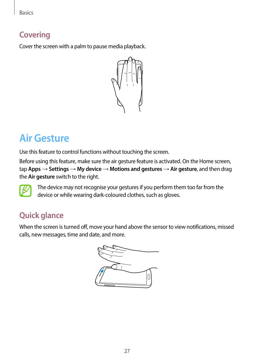 Samsung GT-19505 user manual Air Gesture, Covering, Quick glance 