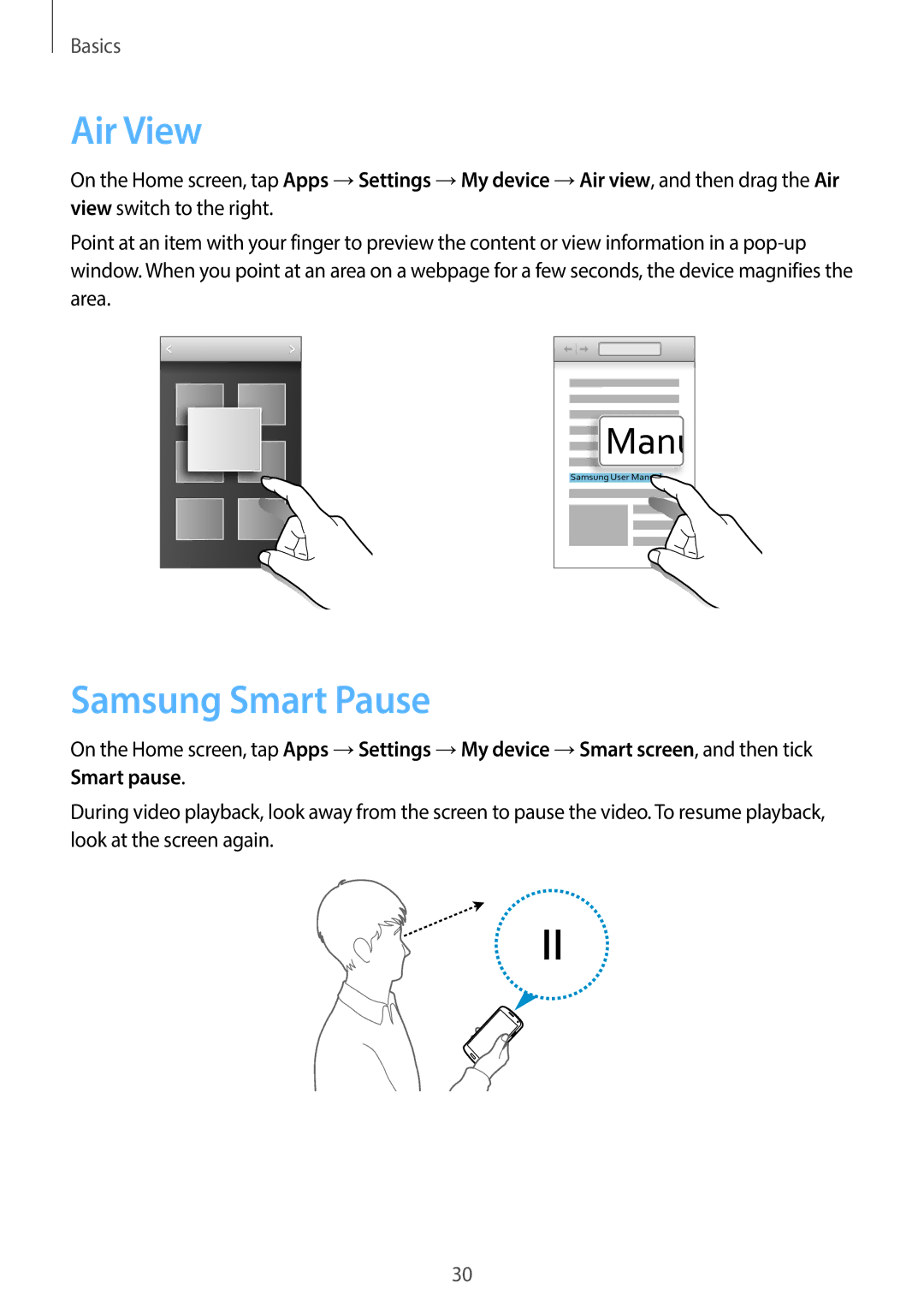 Samsung GT-19505 user manual Air View, Samsung Smart Pause 