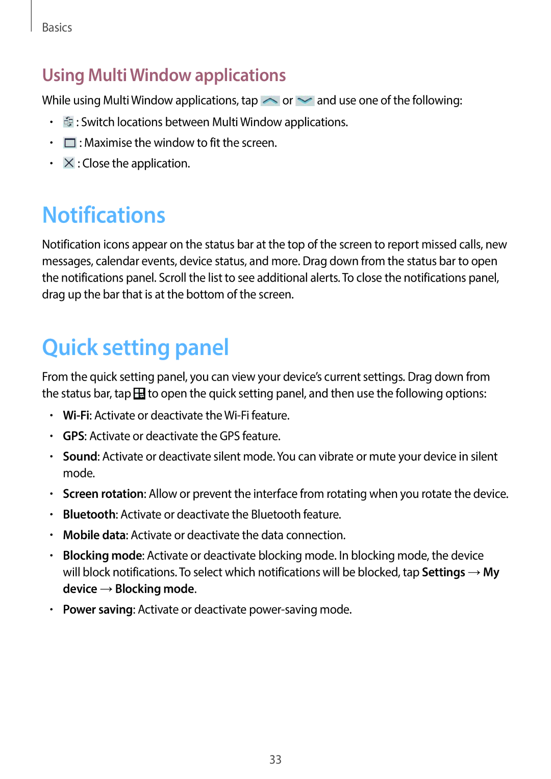 Samsung GT-19505 user manual Notifications, Quick setting panel, Using Multi Window applications 