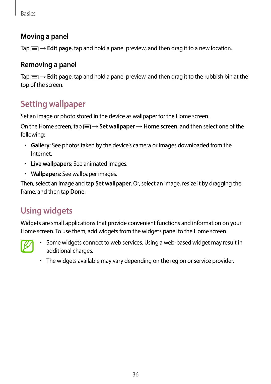 Samsung GT-19505 user manual Setting wallpaper, Using widgets, Moving a panel, Removing a panel 