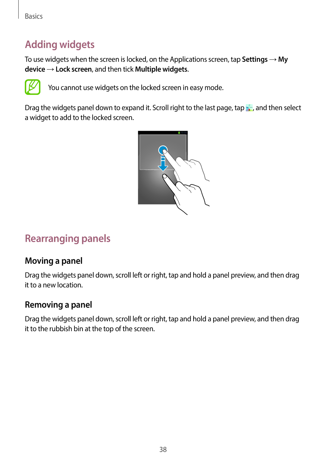 Samsung GT-19505 user manual Adding widgets, Rearranging panels 