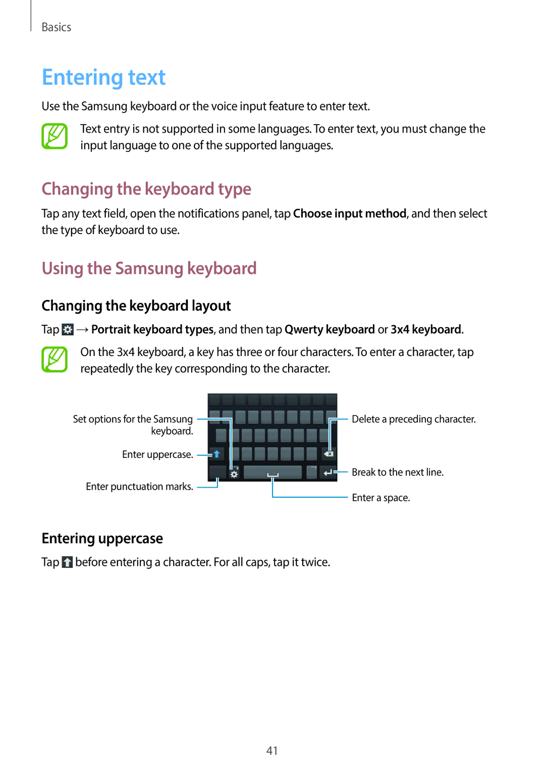 Samsung GT-19505 Entering text, Changing the keyboard type, Using the Samsung keyboard, Changing the keyboard layout 