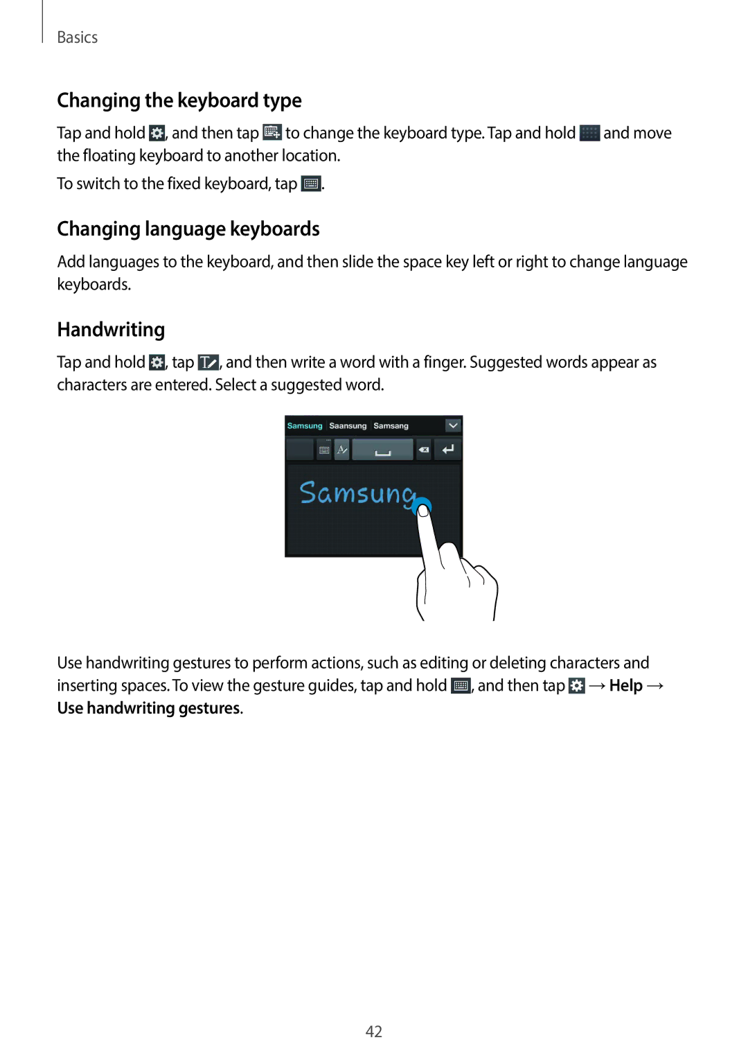 Samsung GT-19505 user manual Changing the keyboard type, Changing language keyboards, Handwriting 