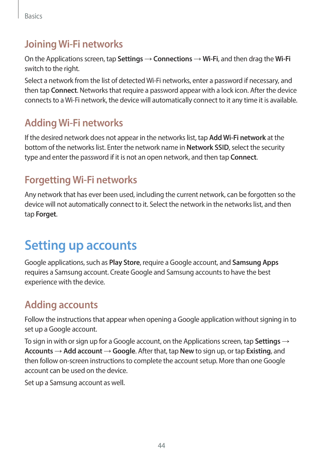 Samsung GT-19505 user manual Setting up accounts, Joining Wi-Fi networks, Adding Wi-Fi networks, Forgetting Wi-Fi networks 